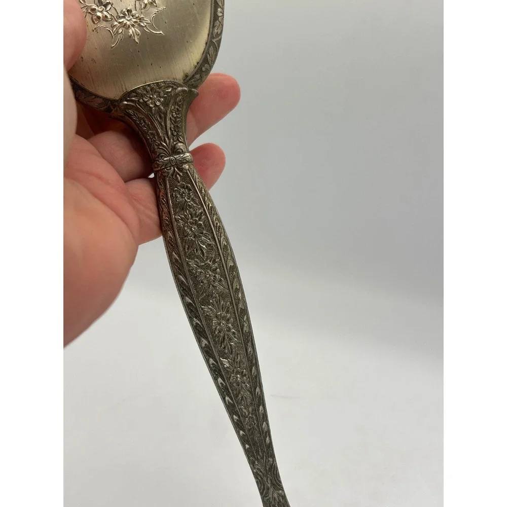 Vintage Ornate Silver Tone Floral Repousse Hair Brush Nylon Bristles Vanity